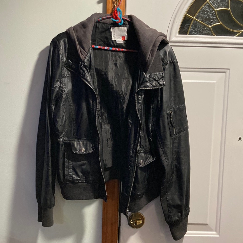Hooded Faux Leather Jacket XL
